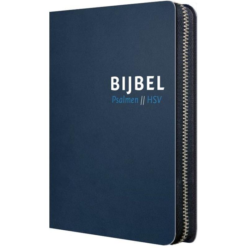 Bijbel HSV met Psalmen – blauw leer met zilversnee, duimgrepen, en rits, 10x15
